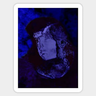 Portrait, digital collage and special processing. Man, knight on street, face. Near some building. Dark blue. Night. Sticker